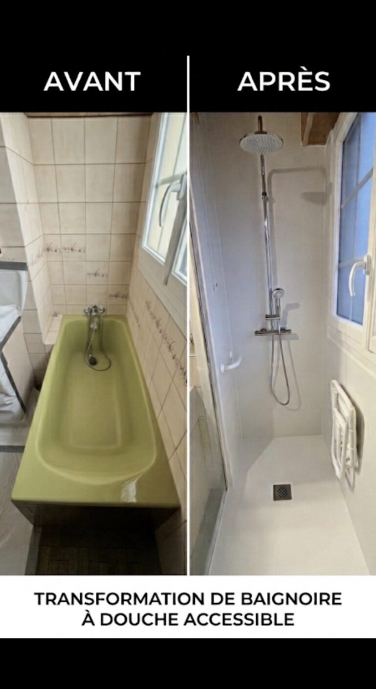 Baignoire transformée en douche accessible, avant et après