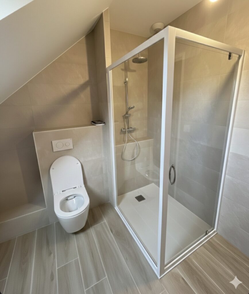 Salle de bain rénovée : douche et WC suspendu, réalisation S PRO BAT